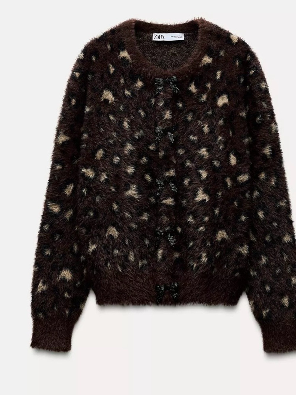 ZARA Fuzzy Leopard-Spot Cardigan - Brown & Cream